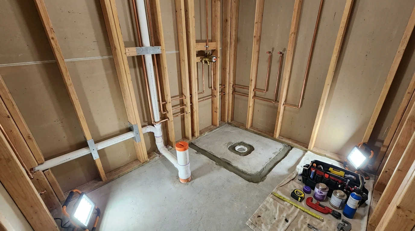 Bathroom rough-in plumbing during remodel by Johns Plumbing LLC in Belhaven