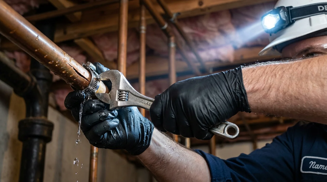 Emergency pipe clamp repair being performed by a Johns Plumbing LLC plumber in Belhaven