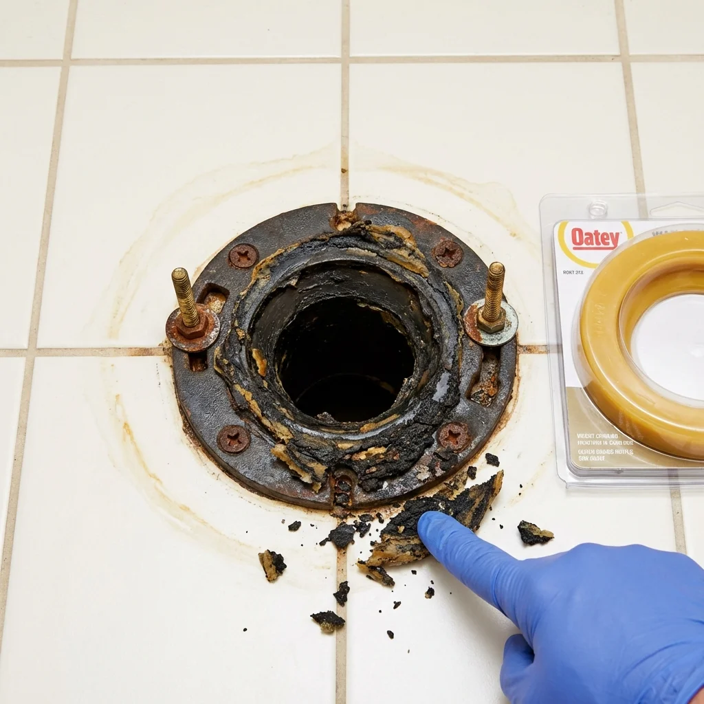 Failed wax ring showing water seepage at the base of a toilet in a Belhaven, NC home