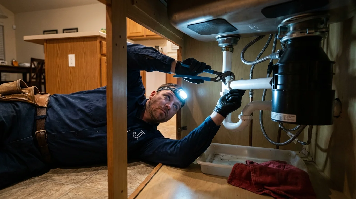 P-trap and supply line connections under a kitchen sink showing a common leak point in Belhaven, NC